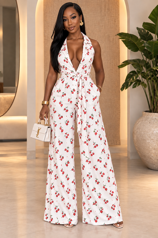 Endless Moon Cherry Print Halter Wide-Leg Jumpsuit