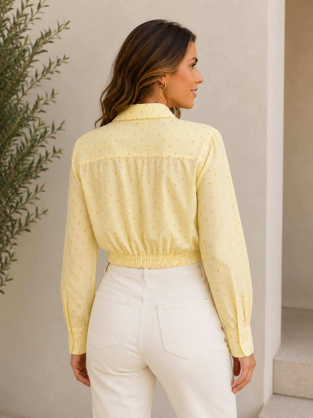 Dreamer Polka Dot Cropped Button-Up Blouse Top