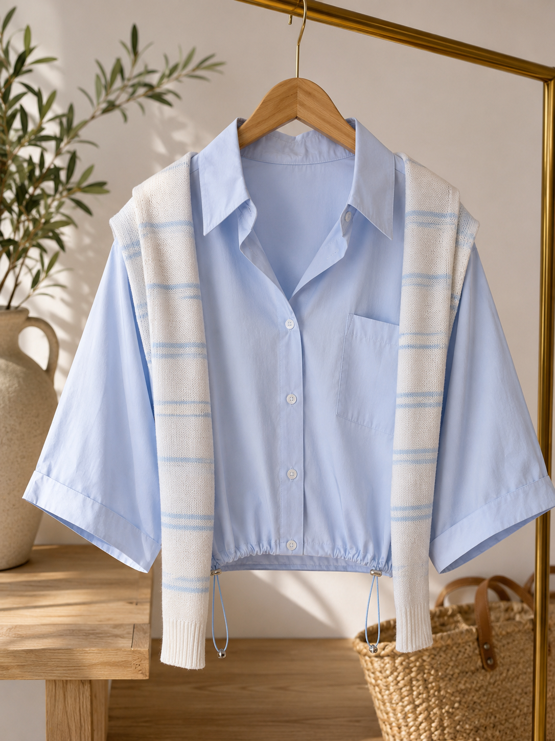 Dreamer Drawstring with Striped Knit Half Sweater Vest Top