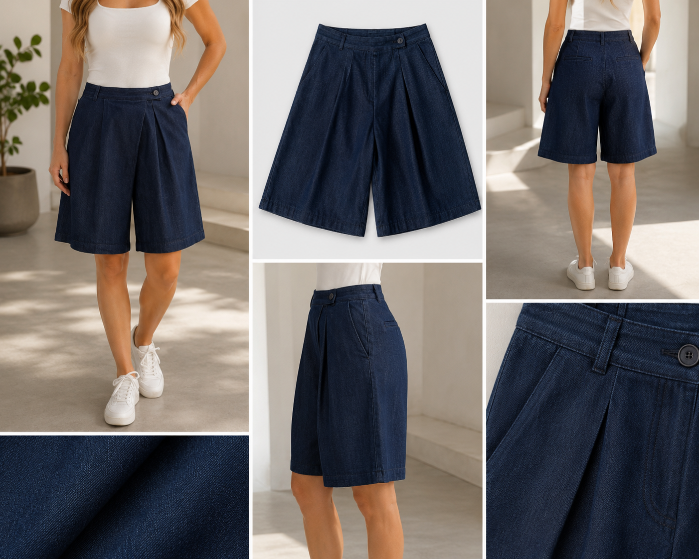 DreHigh-waisted Dark Denim Pleated Bermuda Shorts