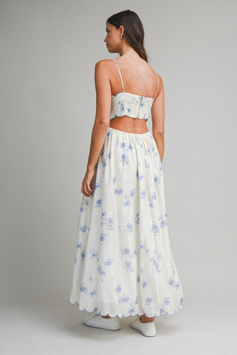 Mable Floral Printed Scallop Edge Spaghetti Contrast Scalloped Edge Back Cut out Dress