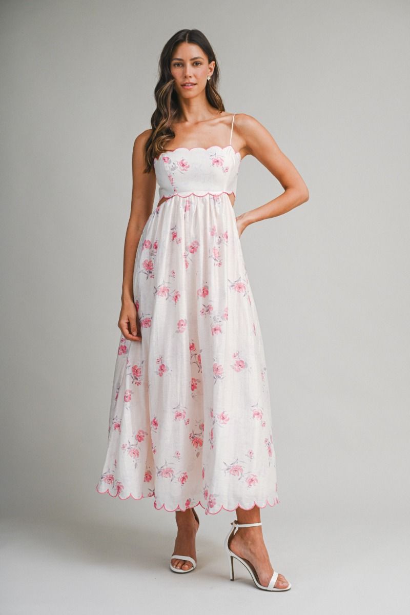 Mable Floral Printed Scallop Edge Spaghetti Contrast Scalloped Edge Back Cut out Dress