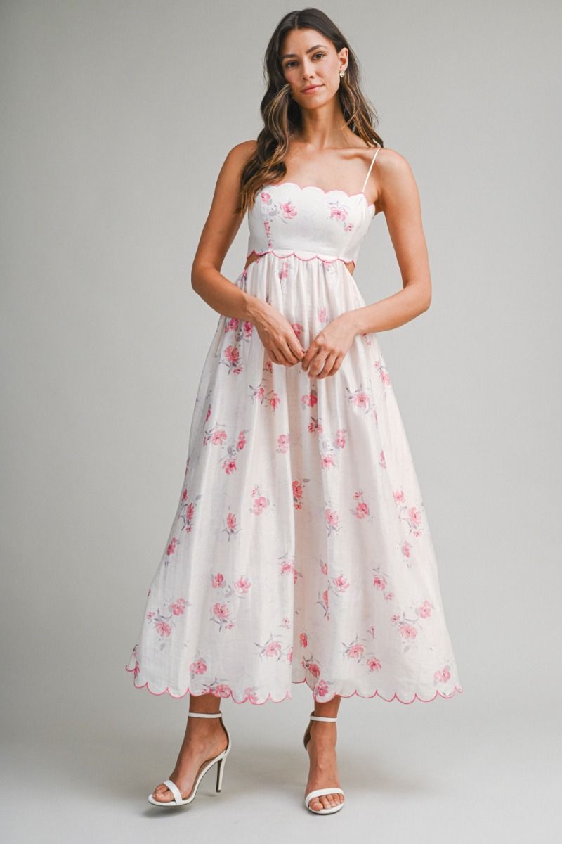Mable Floral Printed Scallop Edge Spaghetti Contrast Scalloped Edge Back Cut out Dress