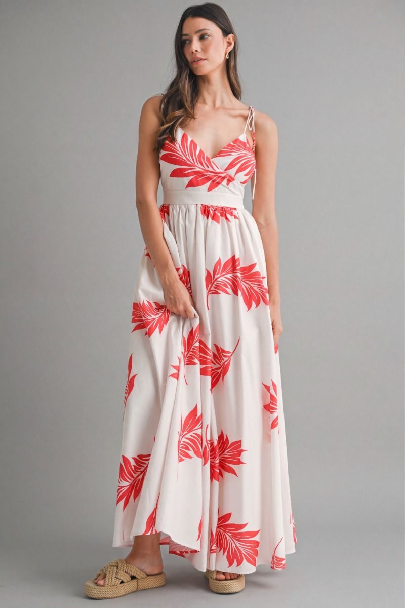 Mable Tropical Printed wrap-style V neckline  Shoulder Maxi Dress