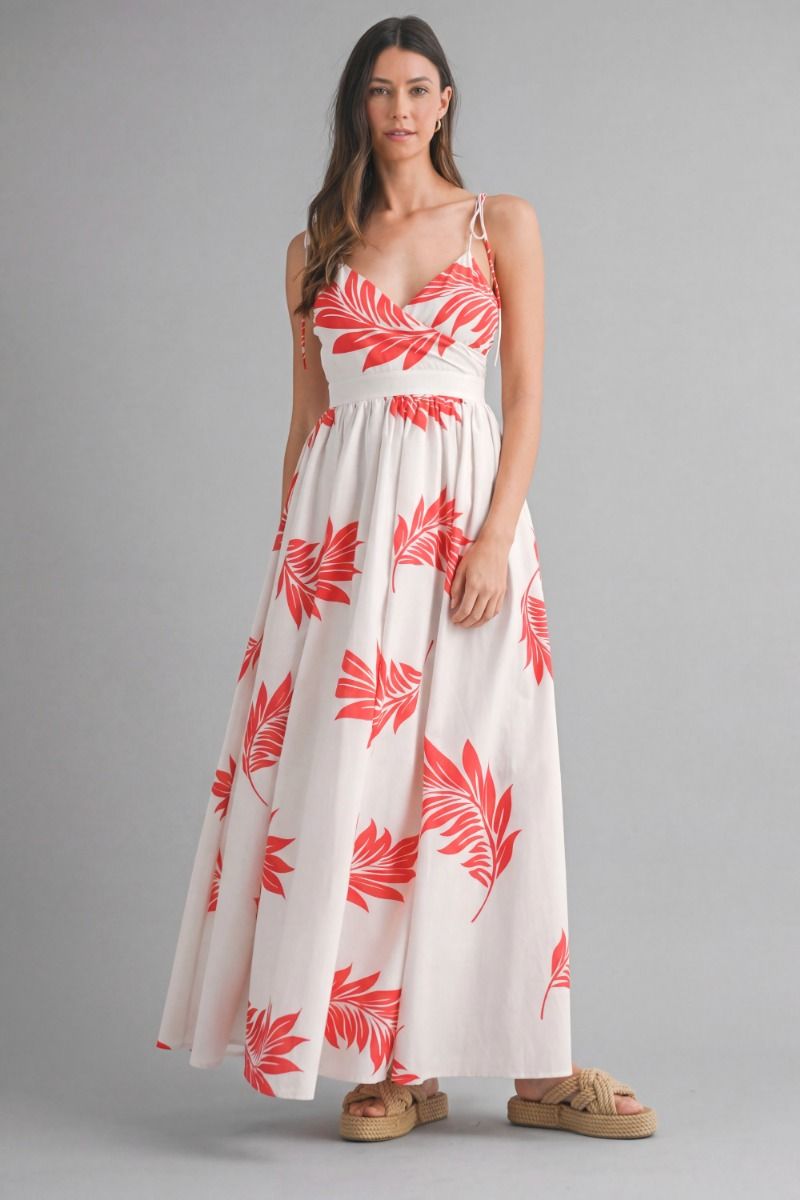 Mable Tropical Printed wrap-style V neckline  Shoulder Maxi Dress