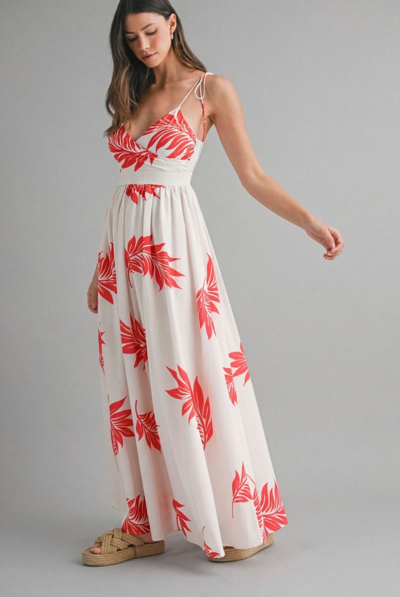 Mable Tropical Printed wrap-style V neckline  Shoulder Maxi Dress