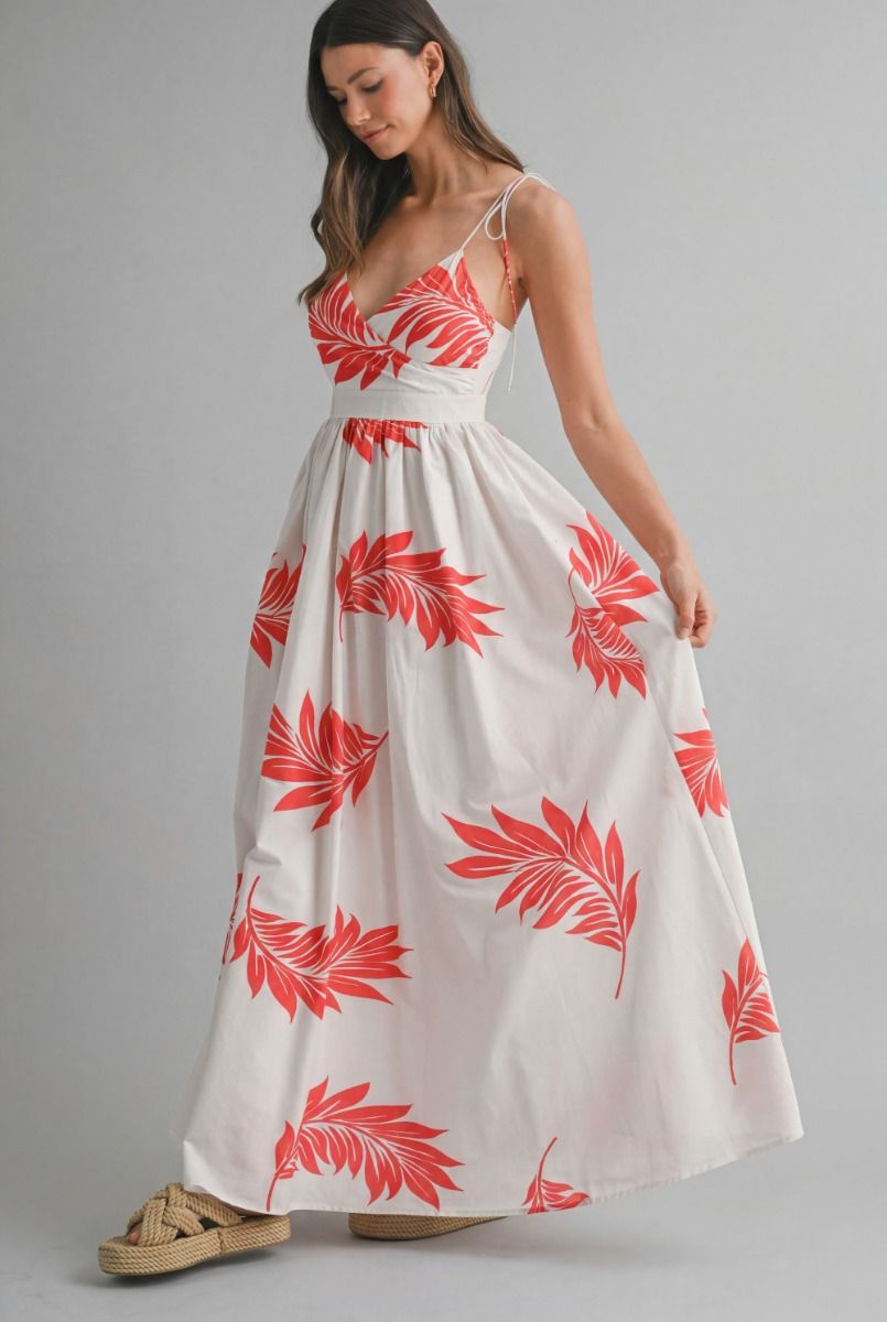 Mable Tropical Printed wrap-style V neckline  Shoulder Maxi Dress