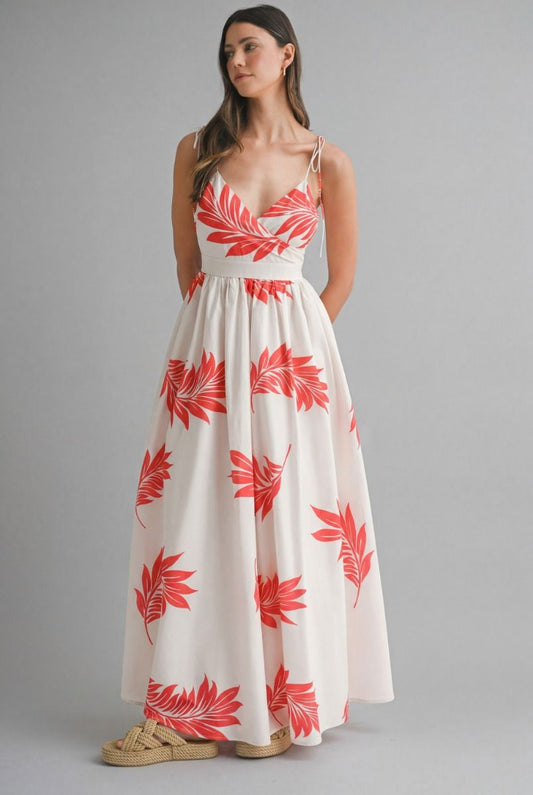 Mable Tropical Printed wrap-style V neckline  Shoulder Maxi Dress