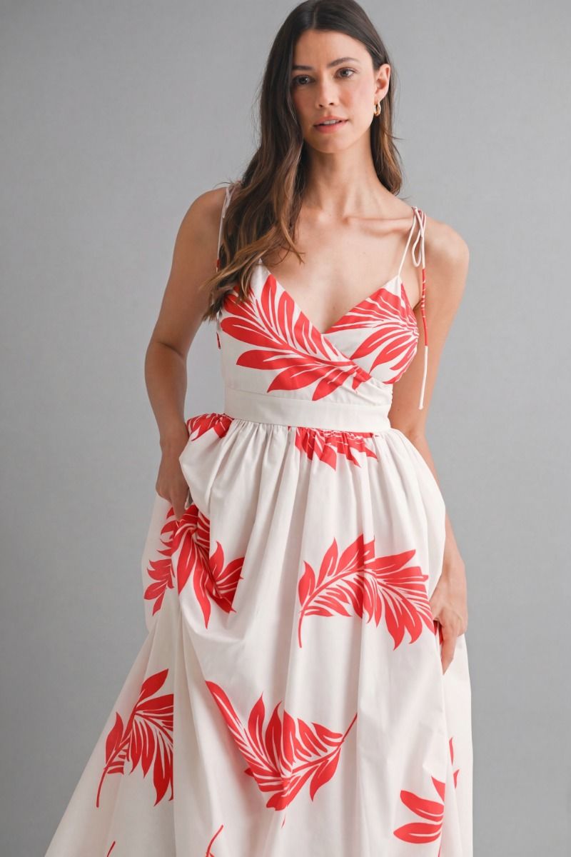 Mable Tropical Printed wrap-style V neckline  Shoulder Maxi Dress