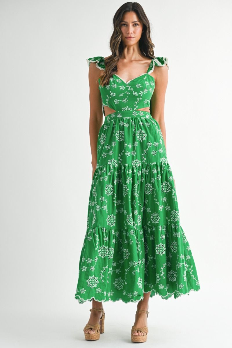 Mable Eyelet Lace Ruffle Sleeve Tierde Midi Dress