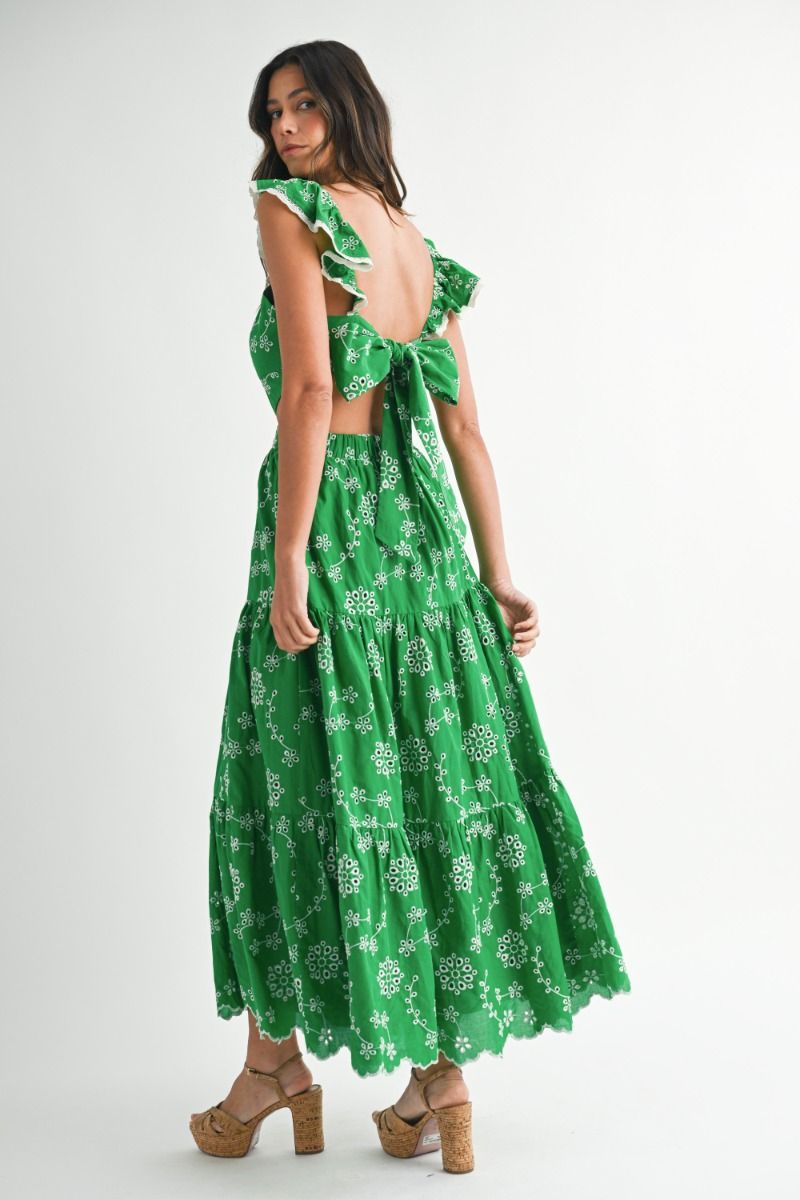 Mable Eyelet Lace Ruffle Sleeve Tierde Midi Dress