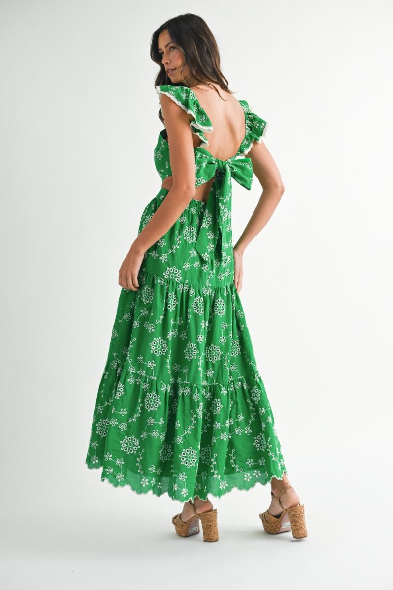 Mable Eyelet Lace Ruffle Sleeve Tierde Midi Dress