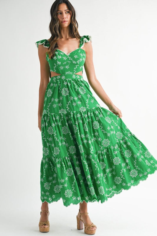 Mable Eyelet Lace Ruffle Sleeve Tierde Midi Dress