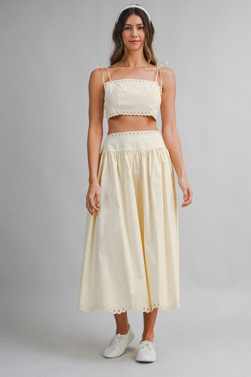 Mable Embroidery Self Should Strap Crop Top and Matching Midi Flare Skirt Set