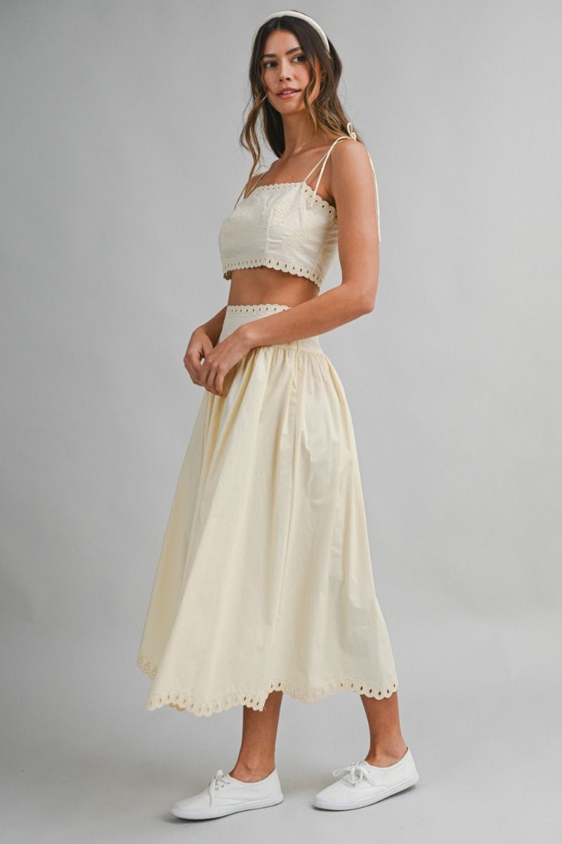 Mable Embroidery Self Should Strap Crop Top and Matching Midi Flare Skirt Set
