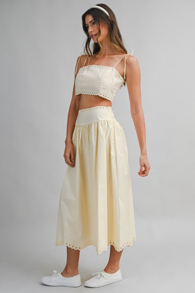 Mable Embroidery Self Should Strap Crop Top and Matching Midi Flare Skirt Set