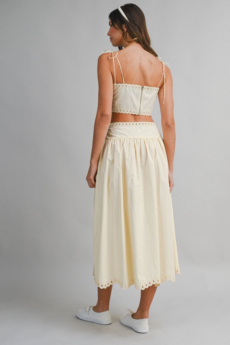 Mable Embroidery Self Should Strap Crop Top and Matching Midi Flare Skirt Set