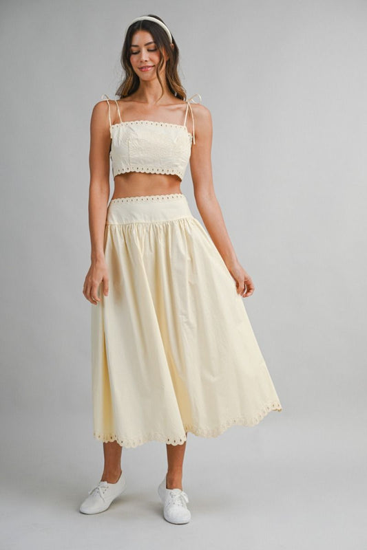 Mable Embroidery Self Should Strap Crop Top and Matching Midi Flare Skirt Set