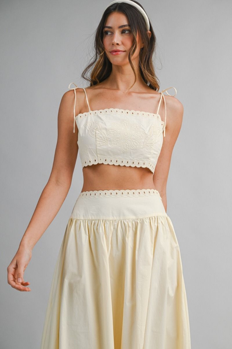 Mable Embroidery Self Should Strap Crop Top and Matching Midi Flare Skirt Set