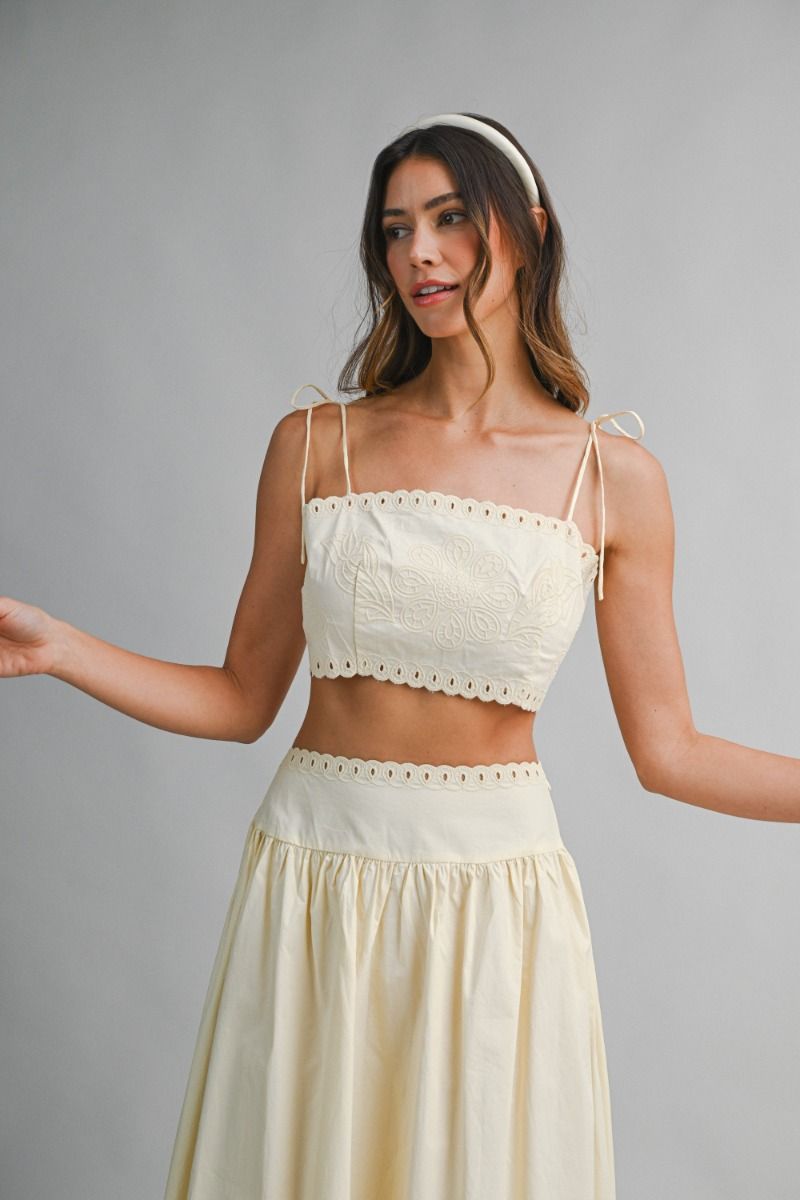 Mable Embroidery Self Should Strap Crop Top and Matching Midi Flare Skirt Set