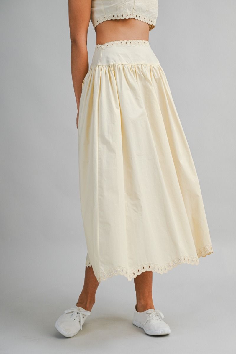 Mable Embroidery Self Should Strap Crop Top and Matching Midi Flare Skirt Set