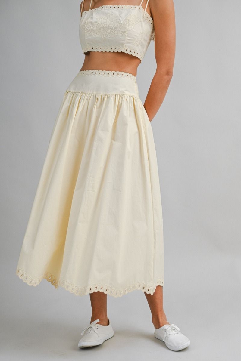 Mable Embroidery Self Should Strap Crop Top and Matching Midi Flare Skirt Set