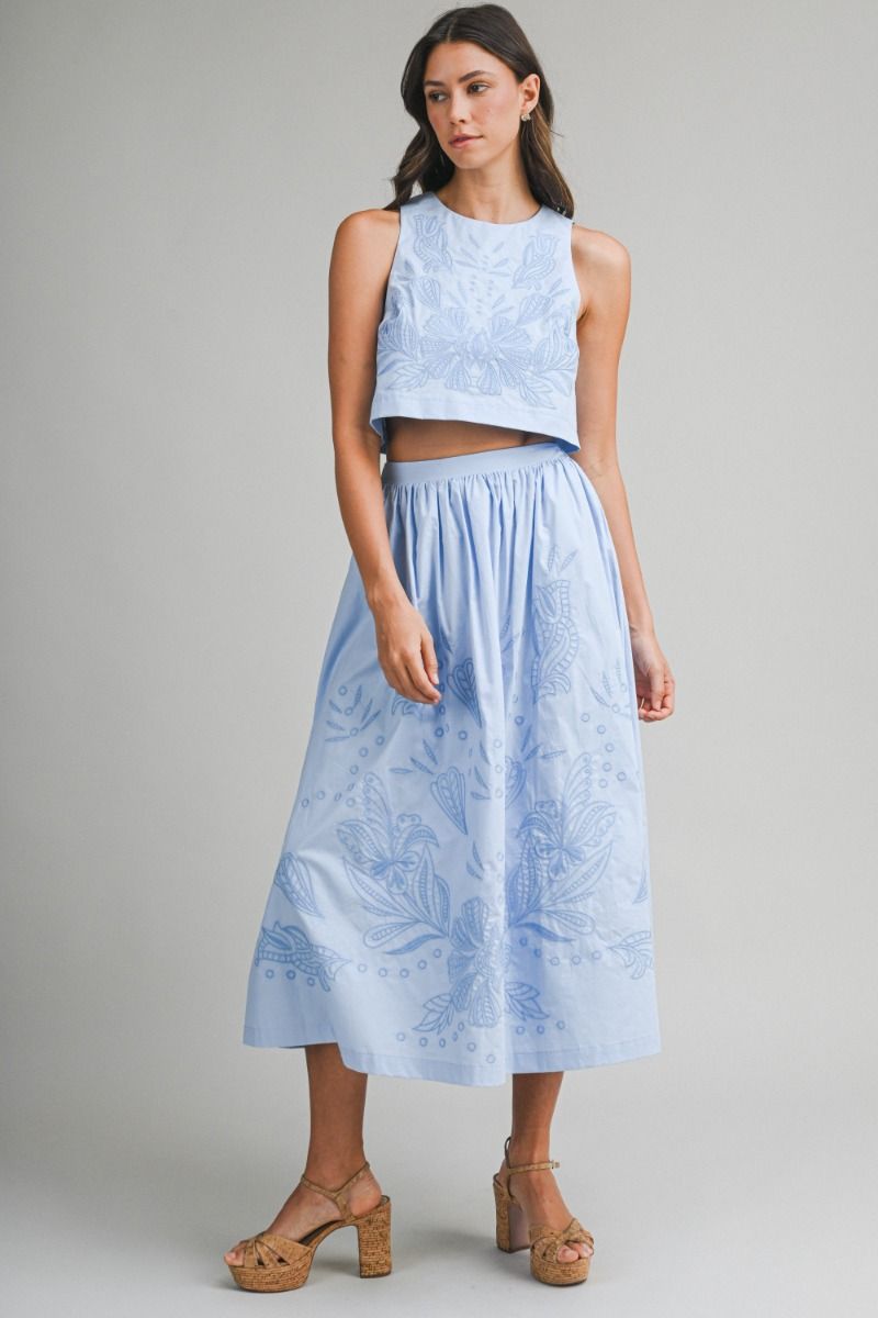 Mable Embroidered Crop Top and Midi Skirt Set