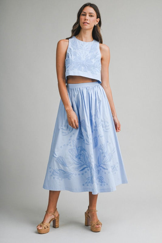 Mable Embroidered Crop Top and Midi Skirt Set