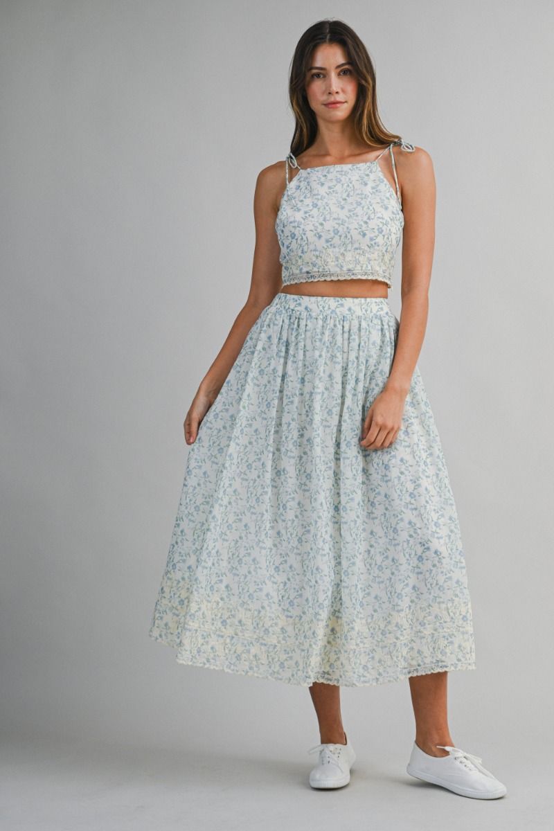 Mable Embroidered Crop Top and Midi Skirt Set