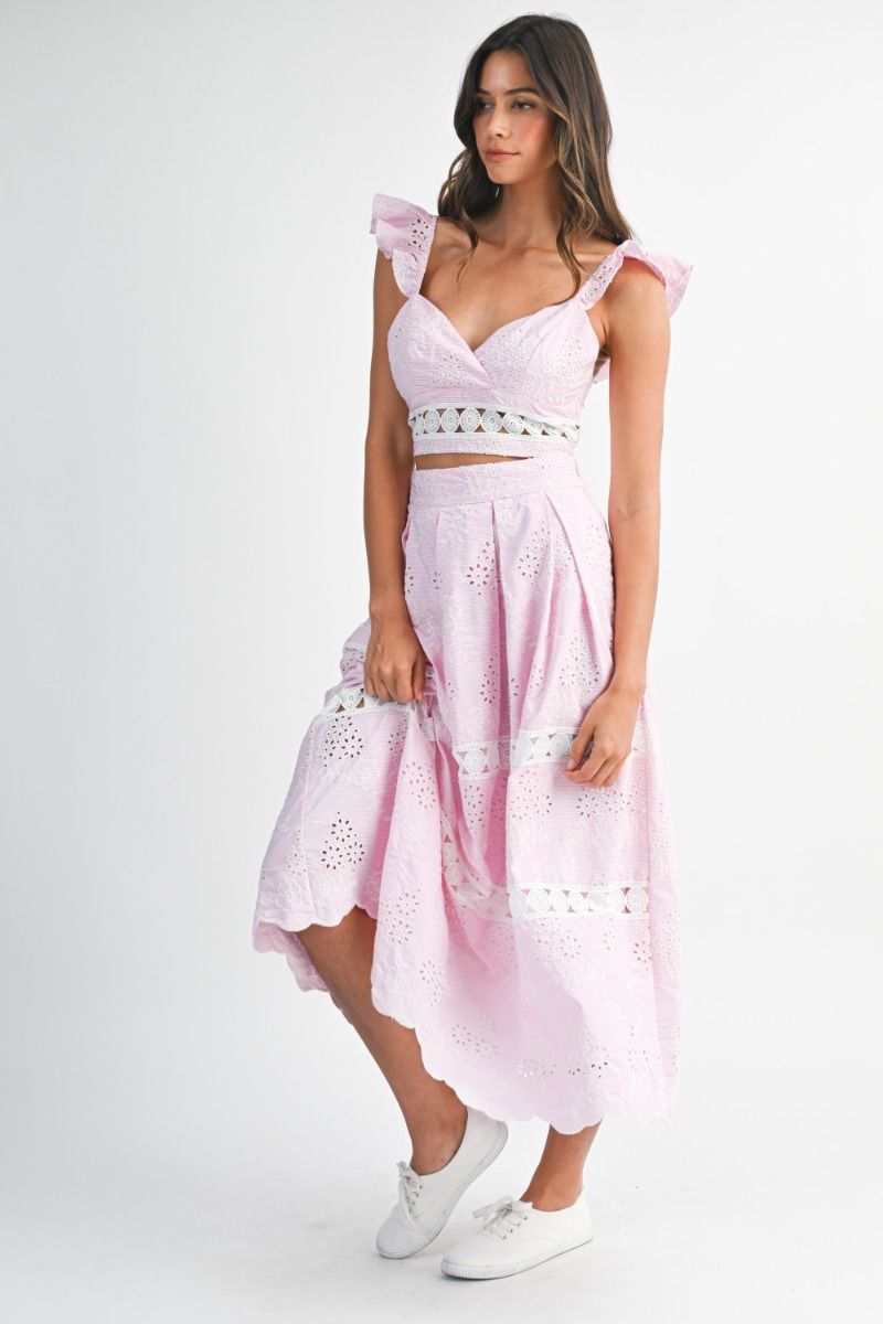Mable Eyelet Ruffle Sleeve Crop Top and Midi Skirt Set