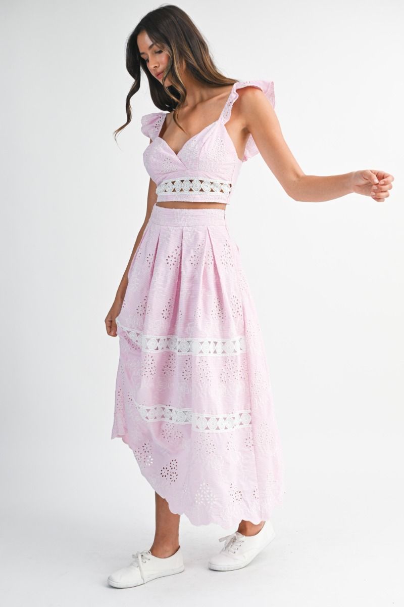 Mable Eyelet Ruffle Sleeve Crop Top and Midi Skirt Set