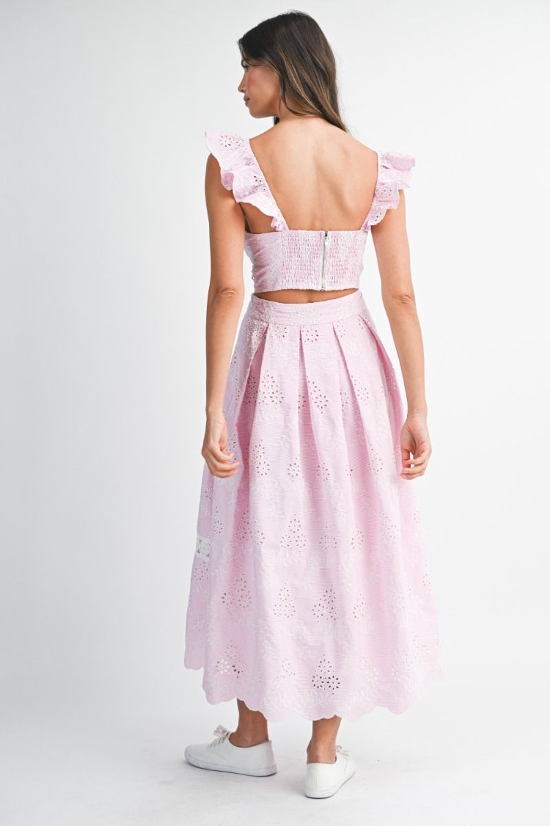 Mable Eyelet Ruffle Sleeve Crop Top and Midi Skirt Set
