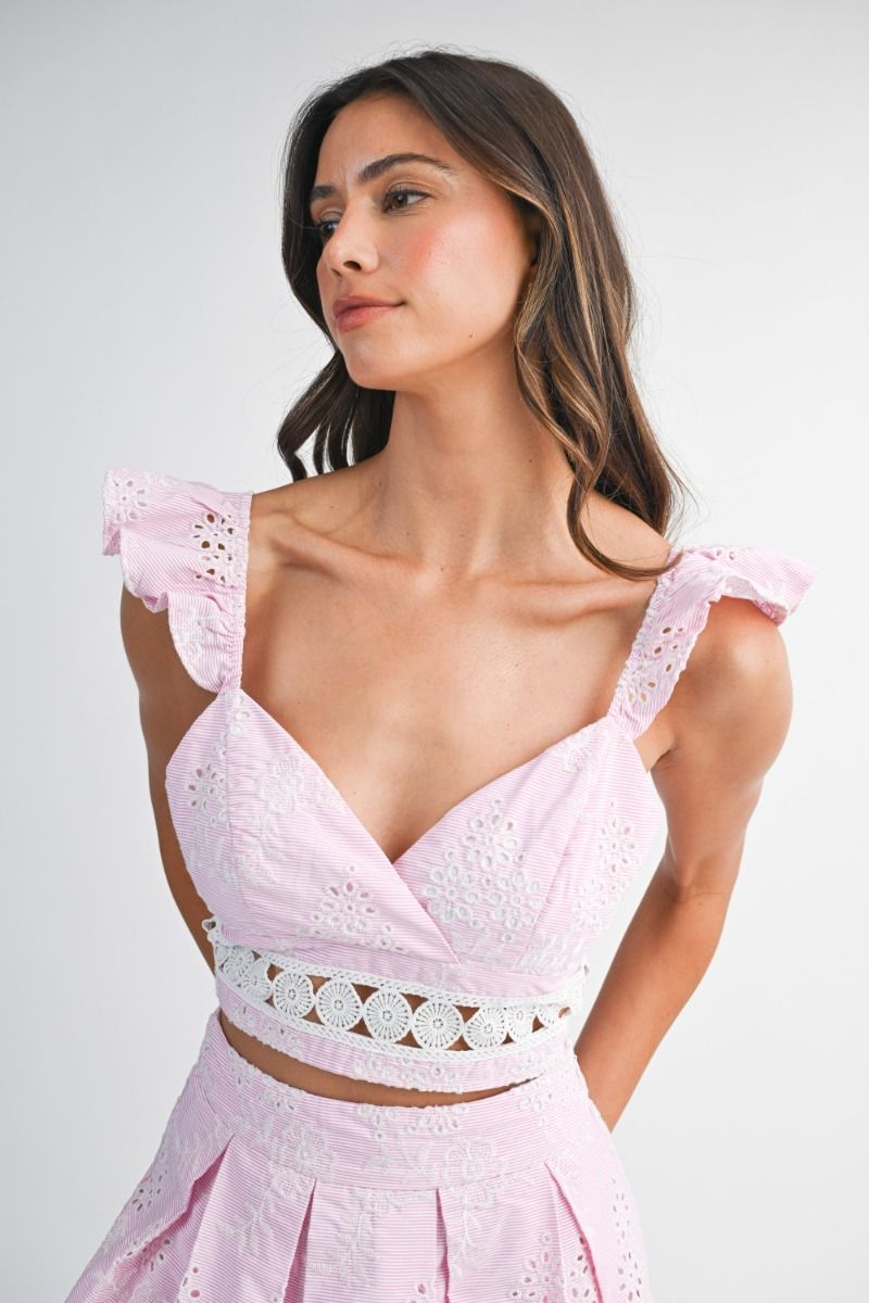 Mable Eyelet Ruffle Sleeve Crop Top and Midi Skirt Set