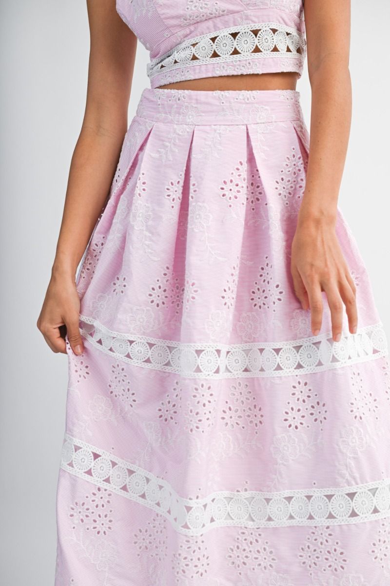 Mable Eyelet Ruffle Sleeve Crop Top and Midi Skirt Set
