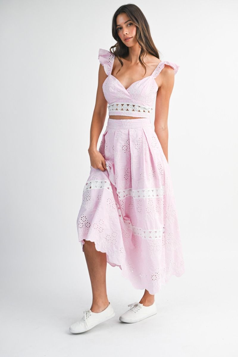 Mable Eyelet Ruffle Sleeve Crop Top and Midi Skirt Set