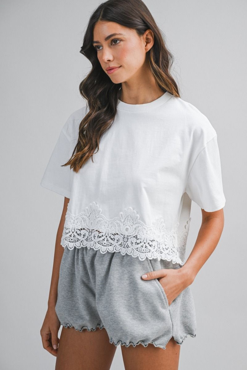 Mable Terry Lace Trim Hem Short Sleeve Crop Top