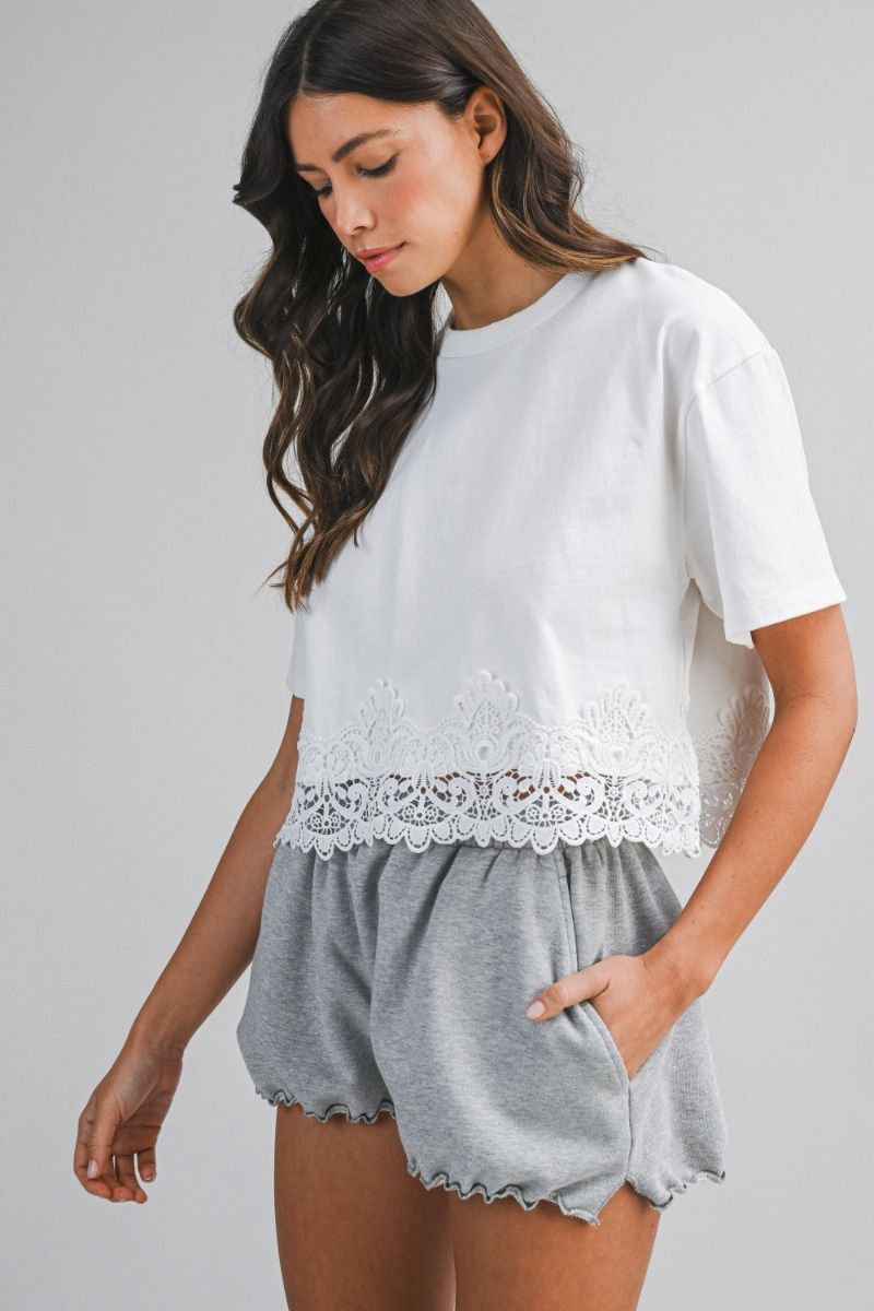 Mable Terry Lace Trim Hem Short Sleeve Crop Top
