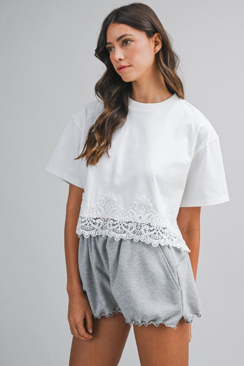 Mable Terry Lace Trim Hem Short Sleeve Crop Top