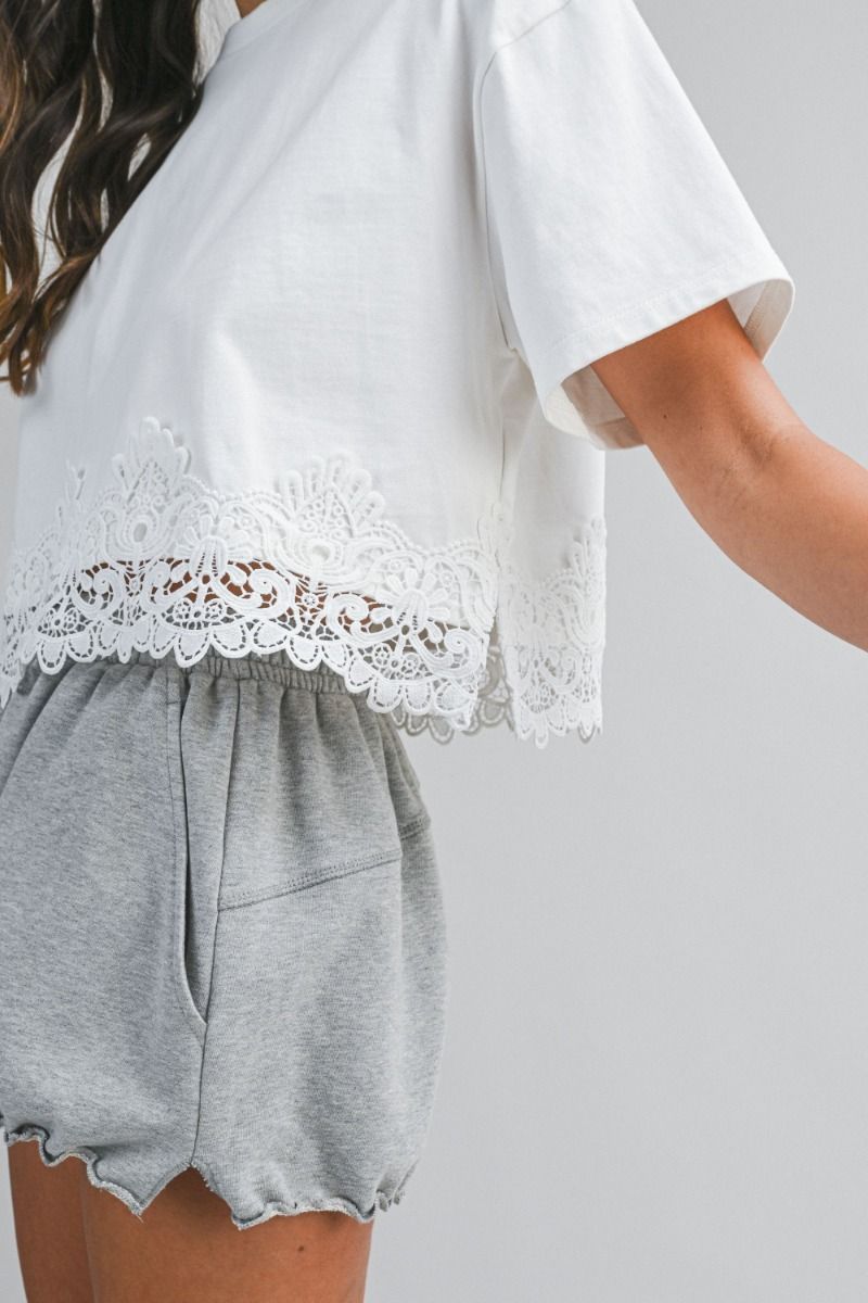 Mable Terry Lace Trim Hem Short Sleeve Crop Top