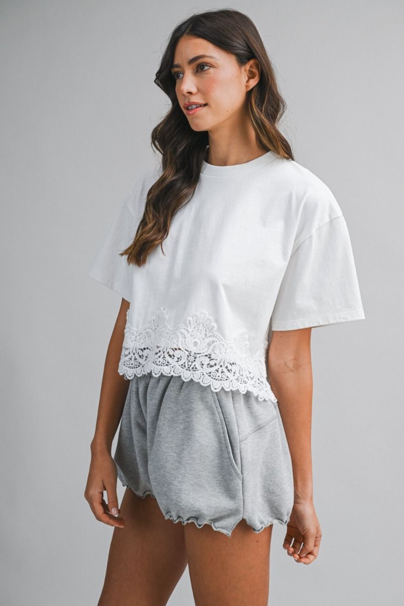 Mable Terry Lace Trim Hem Short Sleeve Crop Top