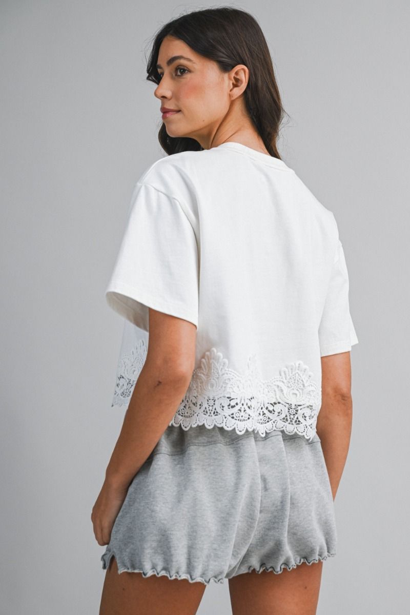 Mable Terry Lace Trim Hem Short Sleeve Crop Top