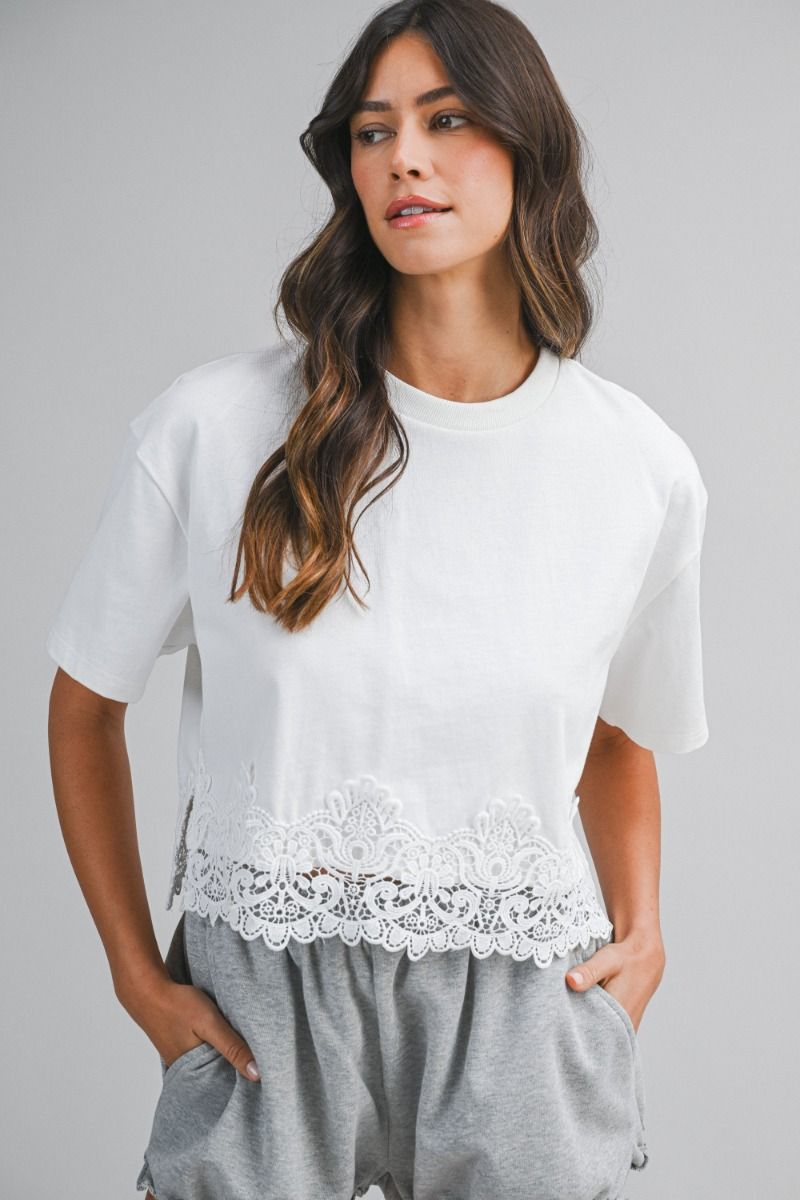 Mable Terry Lace Trim Hem Short Sleeve Crop Top