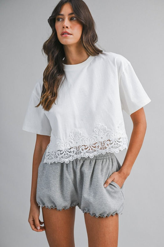 Mable Terry Lace Trim Hem Short Sleeve Crop Top