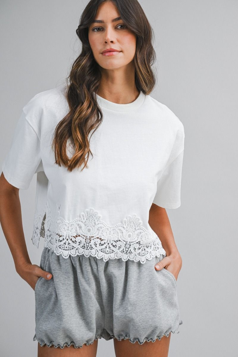 Mable Terry Lace Trim Hem Short Sleeve Crop Top