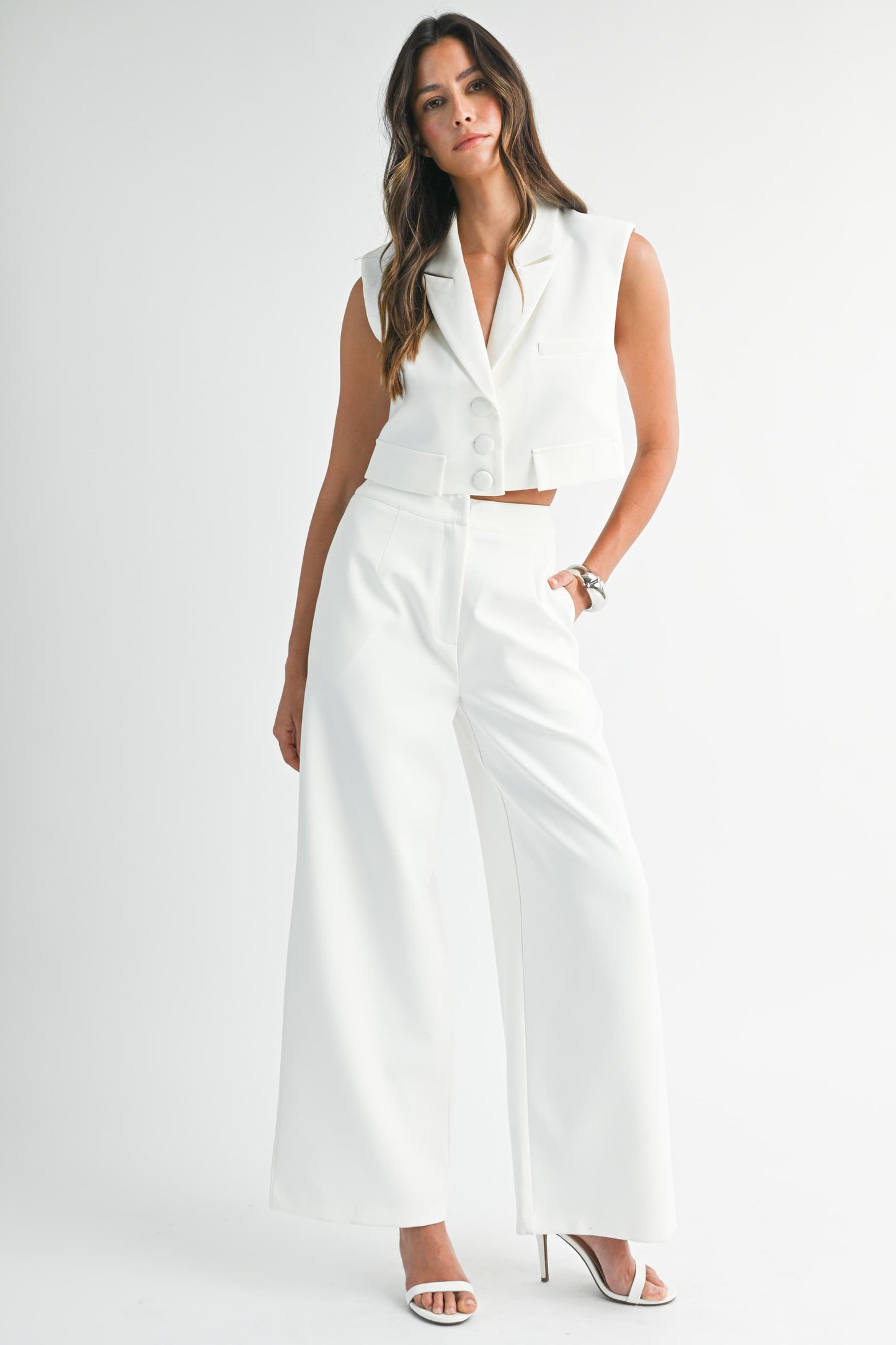 Mable Short Flap Vest Jacket Top And Long Pants Set